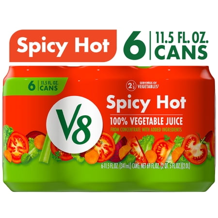 V8 Spicy Hot 100% Vegetable Juice, 11.5 fl oz Can, 6 Count
