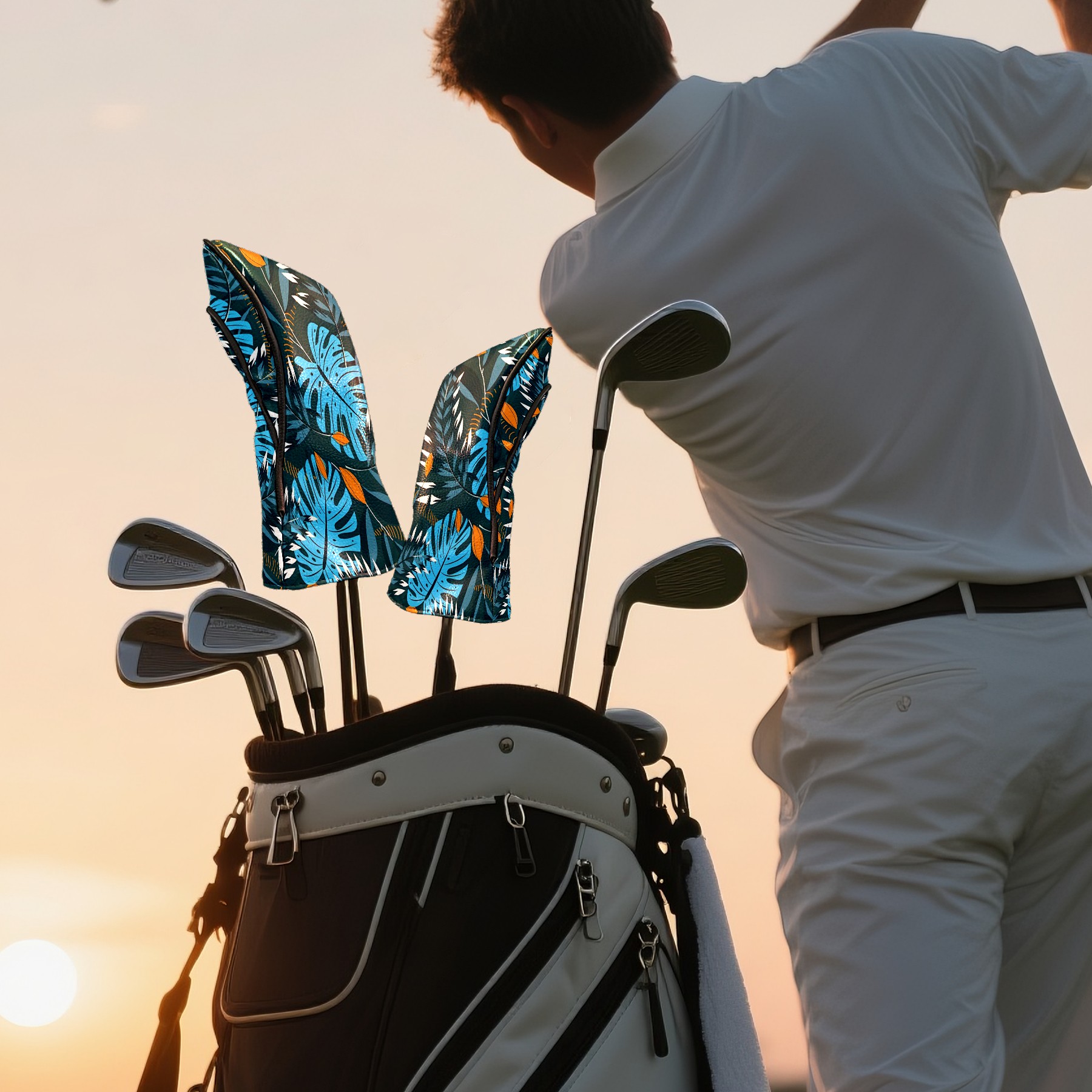 Golf Club Covers, Blue Leaf Premium PU Leather Driver Hybrid Putter Head Covers with Velvet Lining, Waterproof Golf Gifts for Men Women