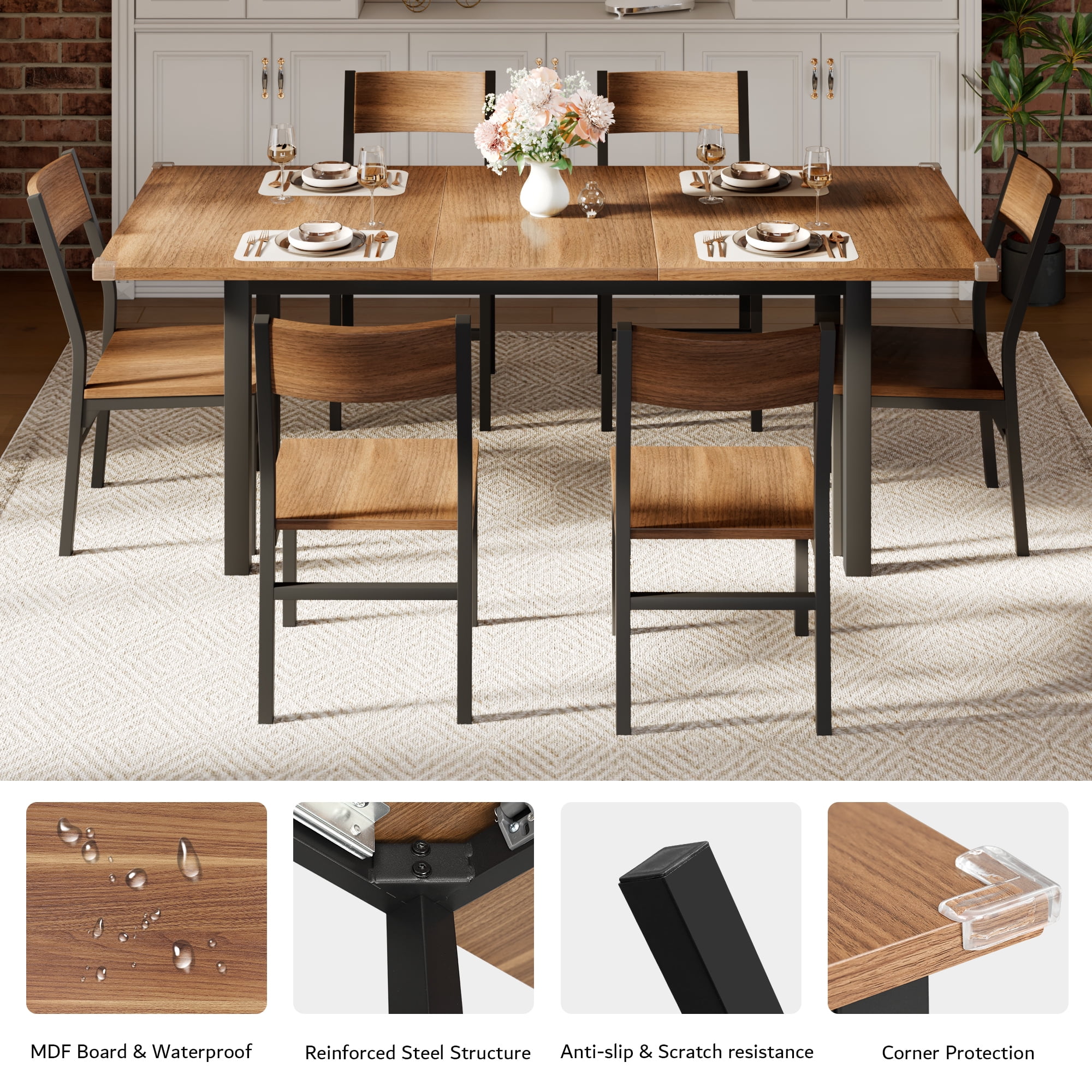 Virans 7-Piece Dining Table & Chairs Set for 4-6, 63" Extendable Kitchen Table with 6 Chairs, Dining Room Table with Metal Frame & MDF Board, Perfect for Small Space, Easy Assembly,Walnut