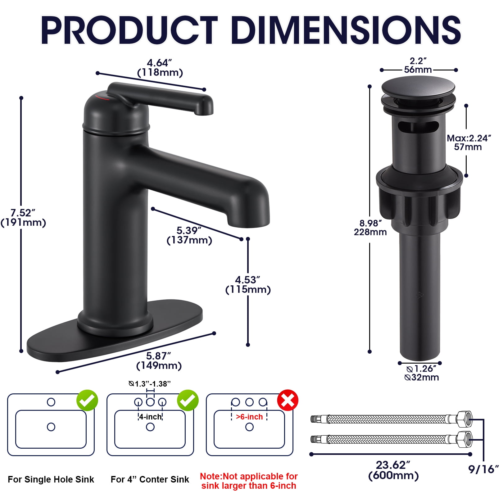 Wowkk Bathroom Sink Faucets Solid Brass Single Handle Bathroom Faucets with Deck Mount 1 Hole or 3 Hole and Supply Line, Straight Spout Vanity Faucet for RV Restroom Hotel, Matte Black