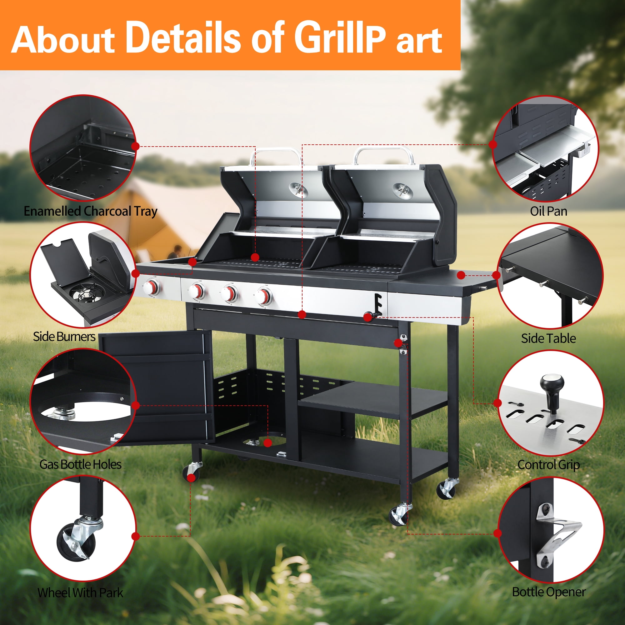 3-Burner Propane & Charcoal Combo Grill with Side Burner - 37,230 BTU Outdoor BBQ - Ceramic Cast Iron Grates & Stainless Steel Warming Rack - Backyard Barbecue