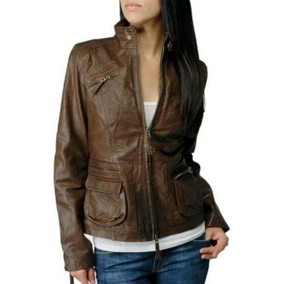 HOT! Women's Genuine Brown Lambskin Leather Jacket Slim Fit Biker jacket Coat W362