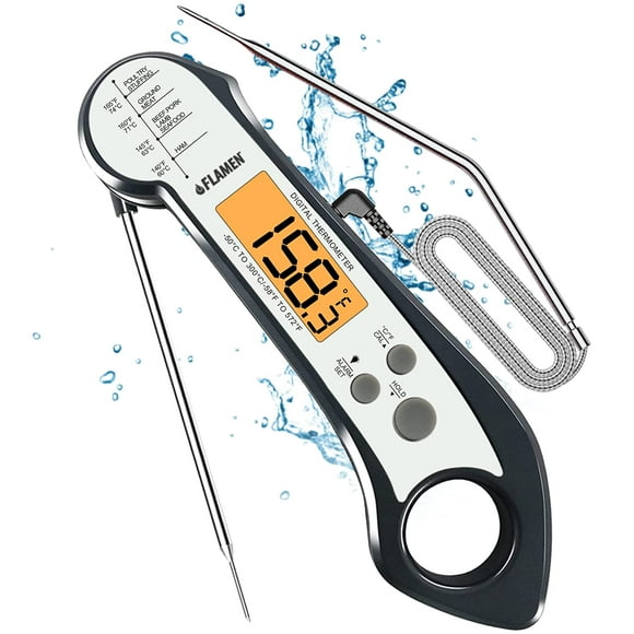 Flamen Digital Food Thermometer, 2 in1 Dual Probe Meat Thermometer with Backlight, Temperature Alarm, Waterproof Instant Read Meat Thermometer for Kitchen, Deep Frying, Baking,Turkey, BBQ(Silver)