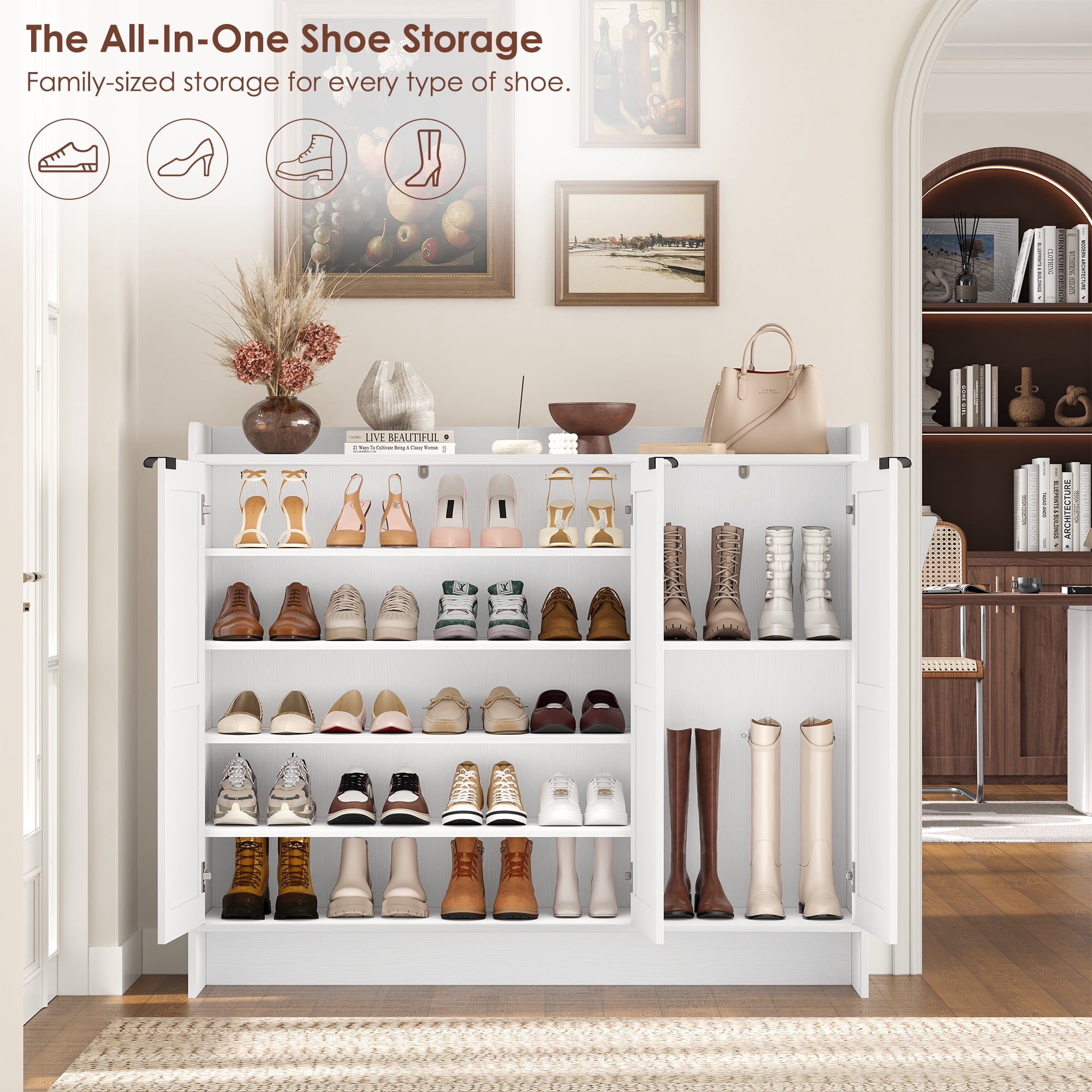 Hiphuta 48" Wide 6-Tier Shoe Cabinet with 4 Adjustable Shelves, Holds Up to 35 Pairs, Farmhouse Wood Grain Shoe Rack Organizer with 3 Doors and Table Top, White