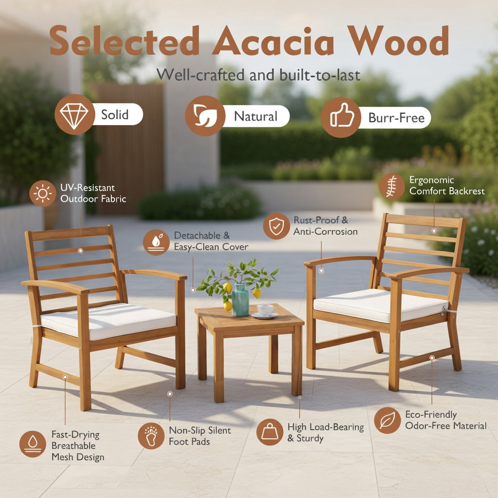 Hommoo 3-Piece Acacia Wood Outdoor Patio Furniture Set with Cushions, Durable Backyard Chair Set with Ergonomic Design and High-Density Foam Seating, White