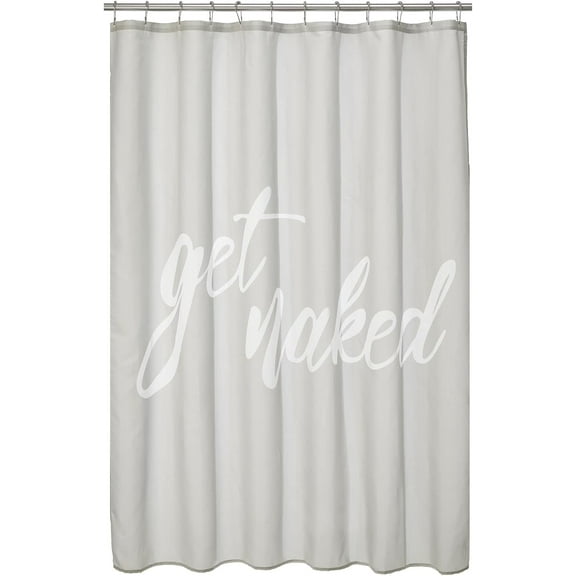 Fabric Shower Curtain, Get Naked Print with Reinforced Buttonholes - for Bathroom Showers, Stalls and Bathtubs, Easy Care, Machine Washable - 72 x 72 Inch - White/Light Gray