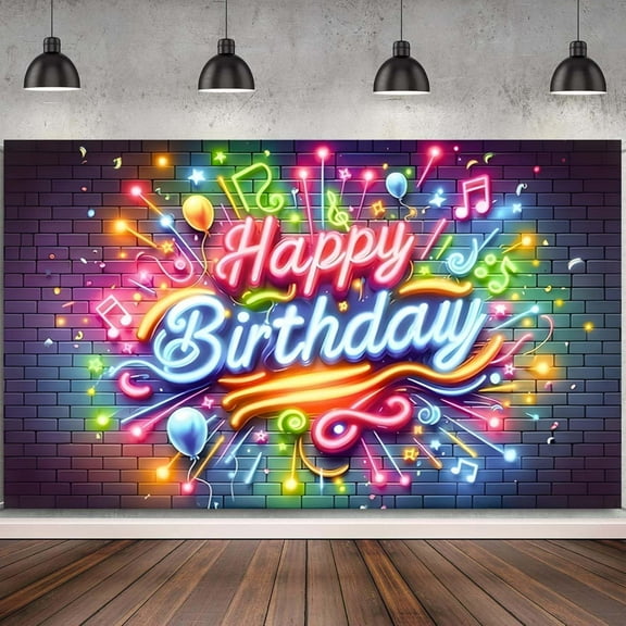 Neon Theme Birthday Party Backdrop Glow in Dark Brick Wall（Not Really Glowing）Photography Background Funny Music Sign Colorful Graffiti Fireworks Splatter Modern Photo Shoot Decor Props