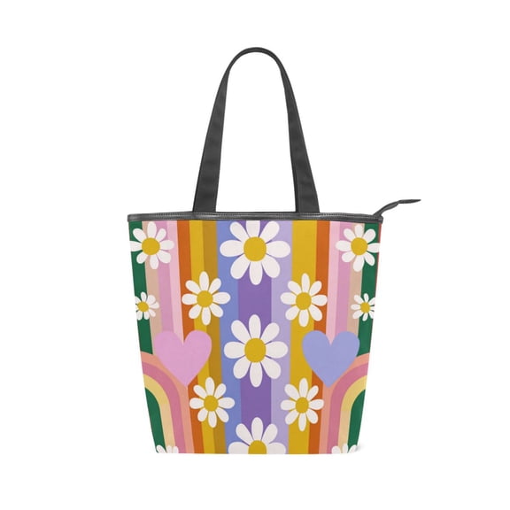 Zipper canvas bag large capacity large size practical handbag durable Canvas with leather material Retro Colorful Rainbow and Daisy