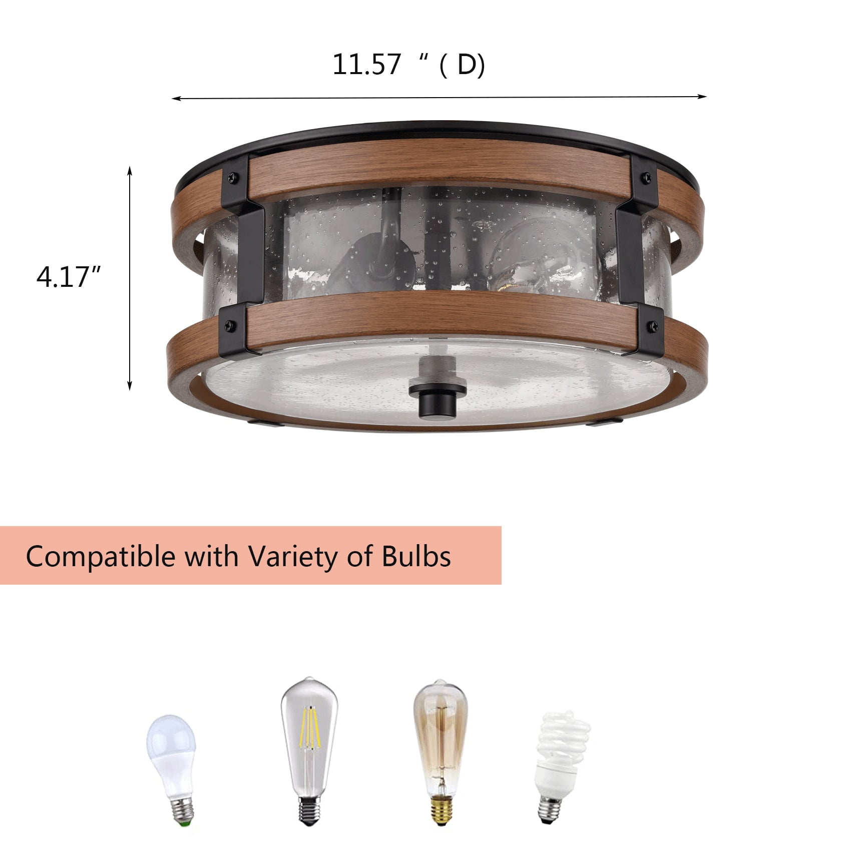 Piacenza Farmhouse Clear Seeded Glass Ceiling Light Fixture Black+Rustic Wood Grain Finish