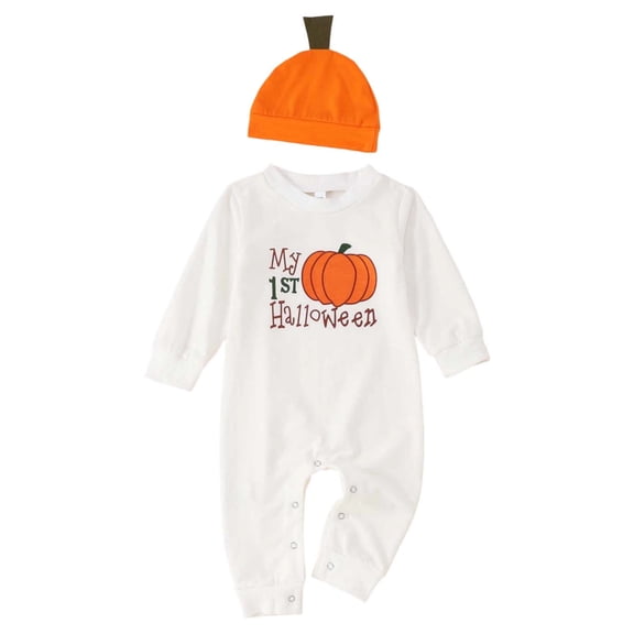Tfken Halloween Nightwear Pajamas Sets Boys Homewear Party Festival Pumpkin Print Lightweight Pajamas Onesie With Hats Set Sleepwear Kids Comfy Loungewear Outfit Size 0-3 Months White