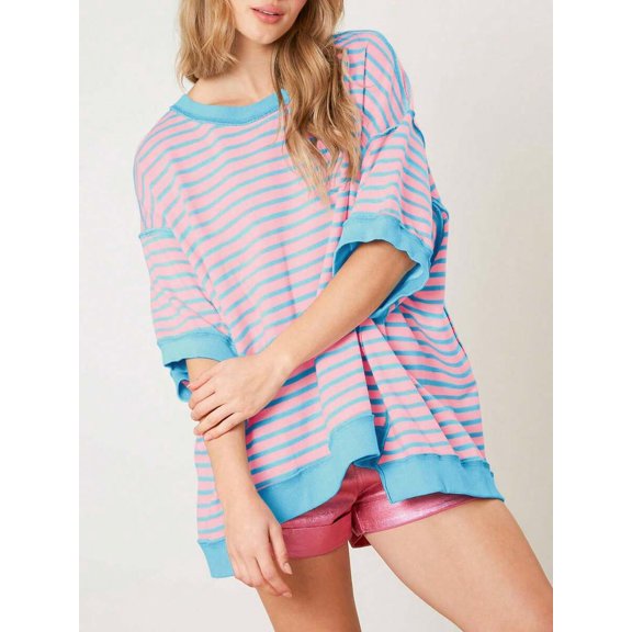 Womens Oversized Pink And Blue Striped Cotton Crewneck Half Sleeve Loose Fit Top