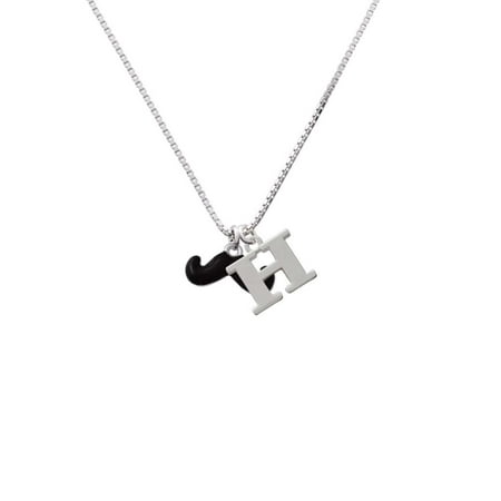 Silvertone Small Black Enamel Mustache - H - Initial Necklace