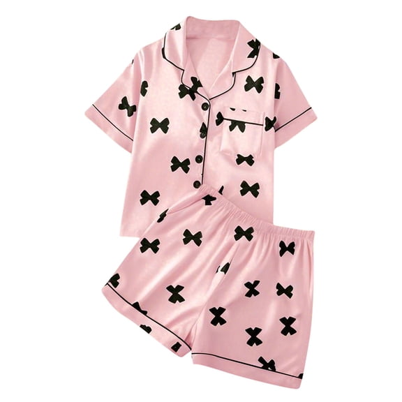 Cethrio Girls Summer Pajama Sets, Lapel Collar 2-piece Summer Short Sleeve Girls' Sleepwear Pink Size 10-12 T