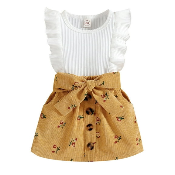 Mercatoo Toddler Baby Girl Summer Clothes Ribbed Ruffled Sleeve T-Shirt Tops High Waist Shorts with Bowknot Belt Set