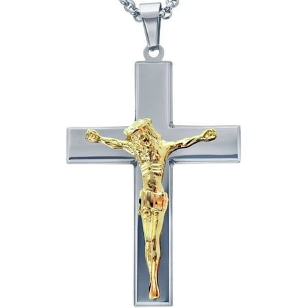 Jewelry Men's Stainless Steel Cross with Gold Tone Jesus with