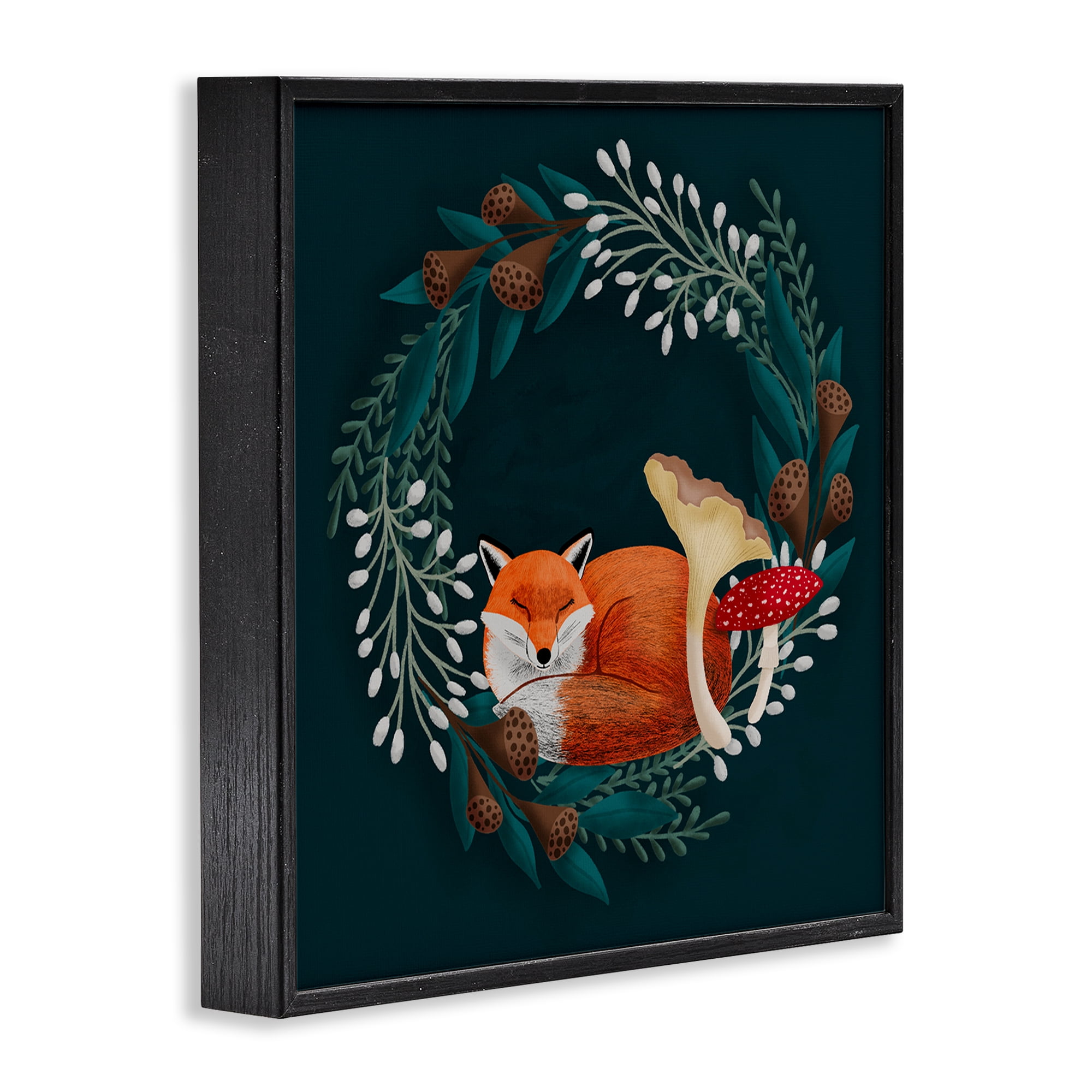 Sleepy Fox in Botanical Wreath Black Framed Giclee Art, design by Metka Hiti