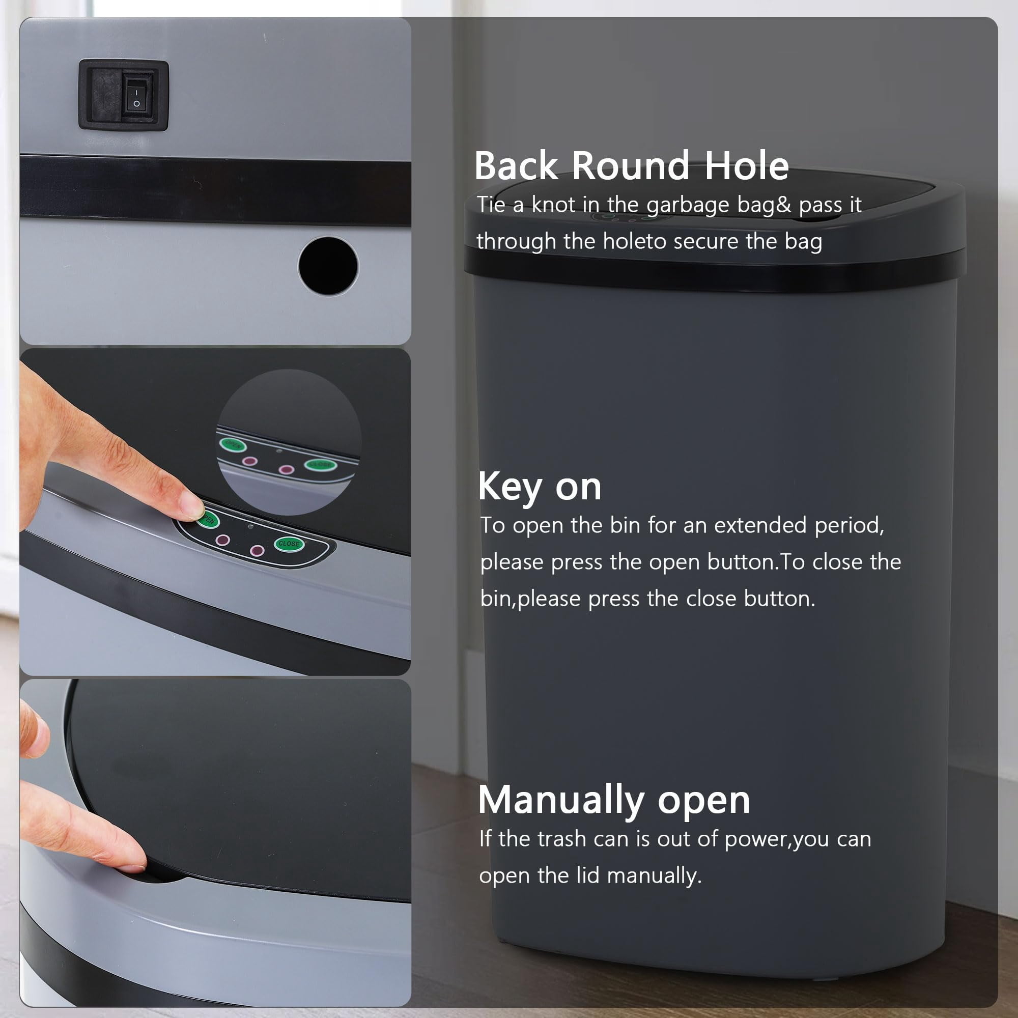 CL.HPAHKL 13 Gallon Trash Can with Lid, 50 Liter High-Capacity Broken-Resistant Plastic Garbage Can Touchless Motion Sensor Trash Can Smart Trash Can for Home Kitchen Bedroom Office (1, Gray)
