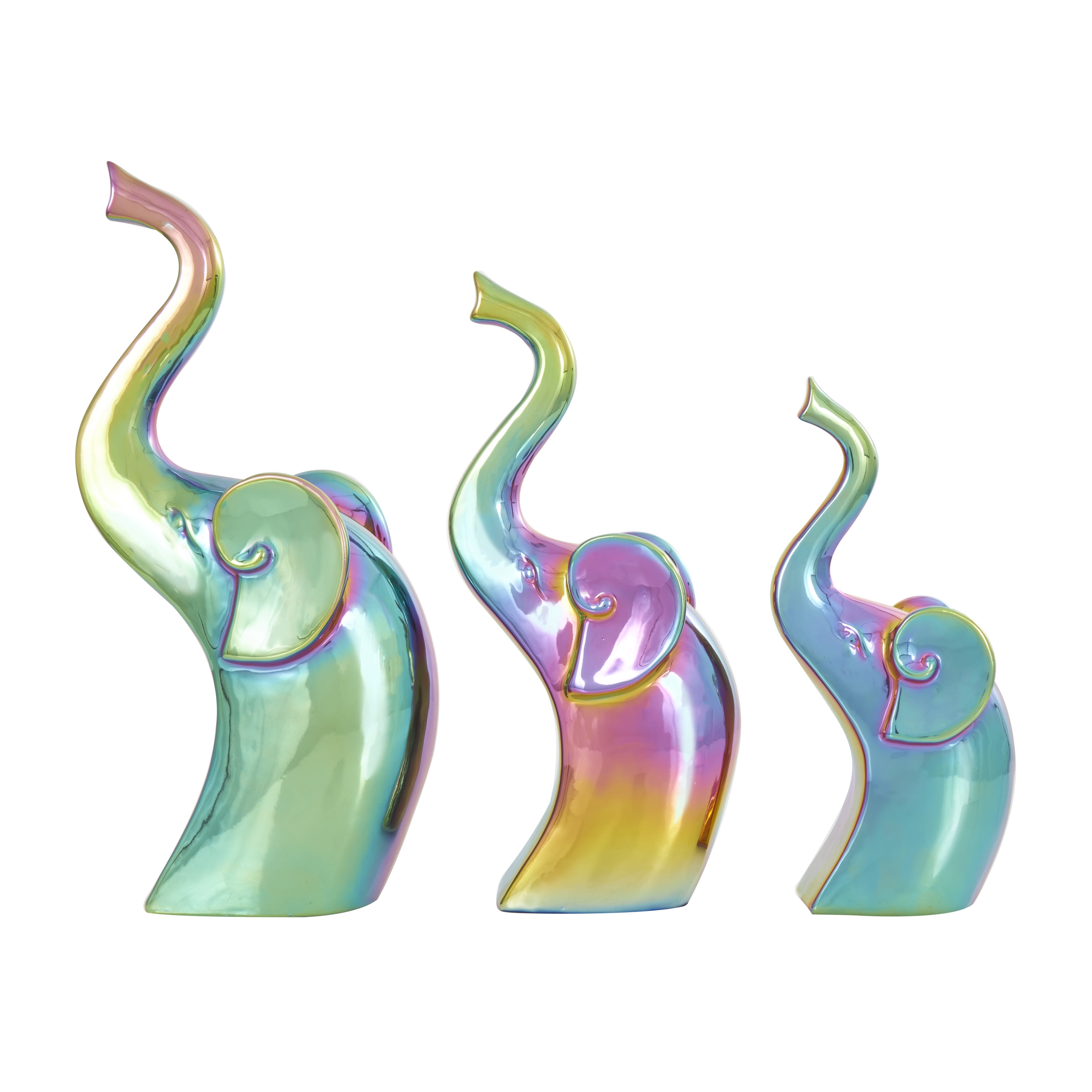 14", 12", 10"H Multi Colored Ceramic Elephant Sculpture with Rainbow Shimmer Finish, by DecMode (3 Count)