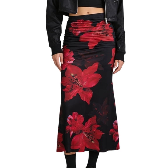 Women'S Fishtail Skirt Elegant Floral Ruched Skinny Bodycon Ruffle Long Skirts Red & Black XL