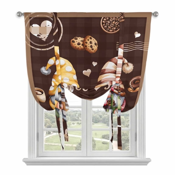 Farmhouse Coffee Time Tie Up Curtains for Windows, Balloon Window Shades, Vintage Gnomes Desserts Brown Plaid Kitchen Window Treatments Roll Up Curtain for Basement/Nursery 52"x45"