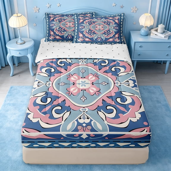 jejeloiu Boho Mandala Zipper Twin Comforter Sets with Fitted Sheet and 2 Pillowcases For Men Women,Geometric Pattern Zipper Bedding Set,Blue Pink White,Reversible,4 Pieces