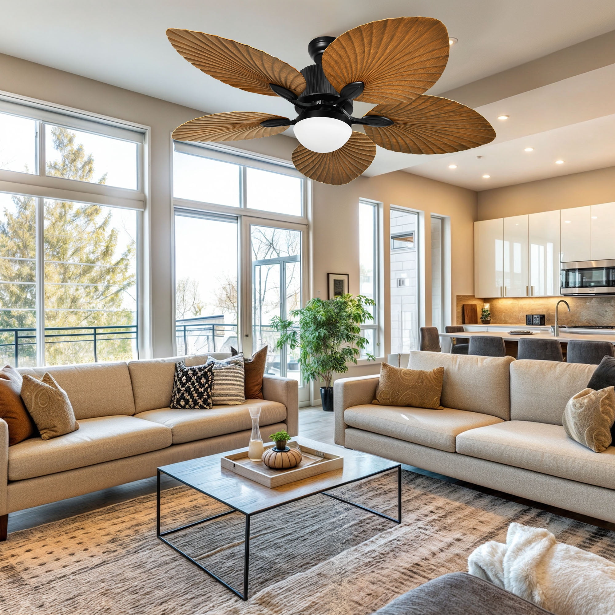 Uforic 52" Tropical Ceiling Fans with LED Light and Remote,Alexa,3 Ways Control,5 Palm Leaf blades Ceiling Fan - Brown