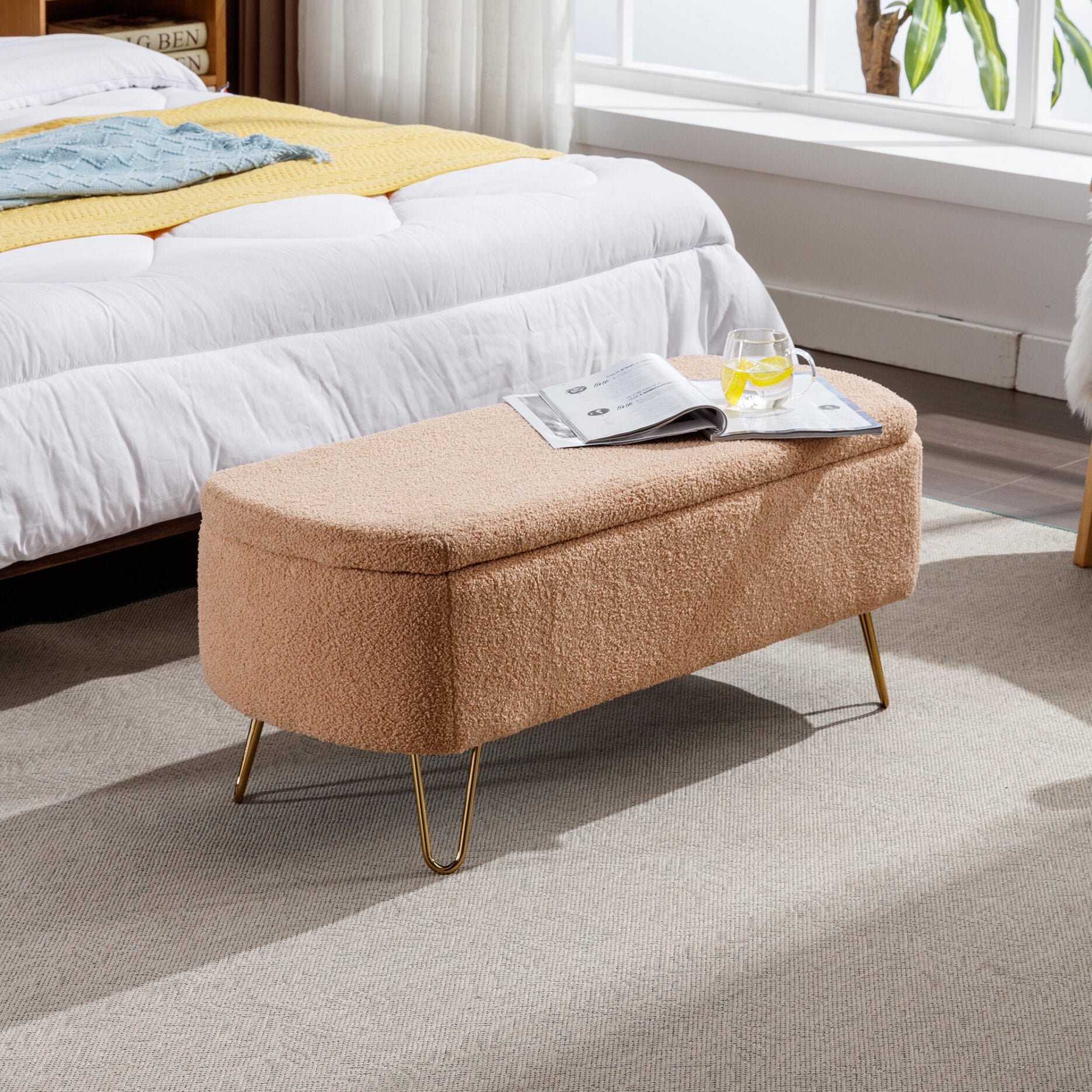 Oval Storage Bench 38.79" Modern Faux Fur Fabric Upholstered Entryway Bench with Gold Metal Legs Ottoman Bench Indoor Storage Bench for Living Room, Bedroom, End of Bed, Entryway, Bed Side, Camel