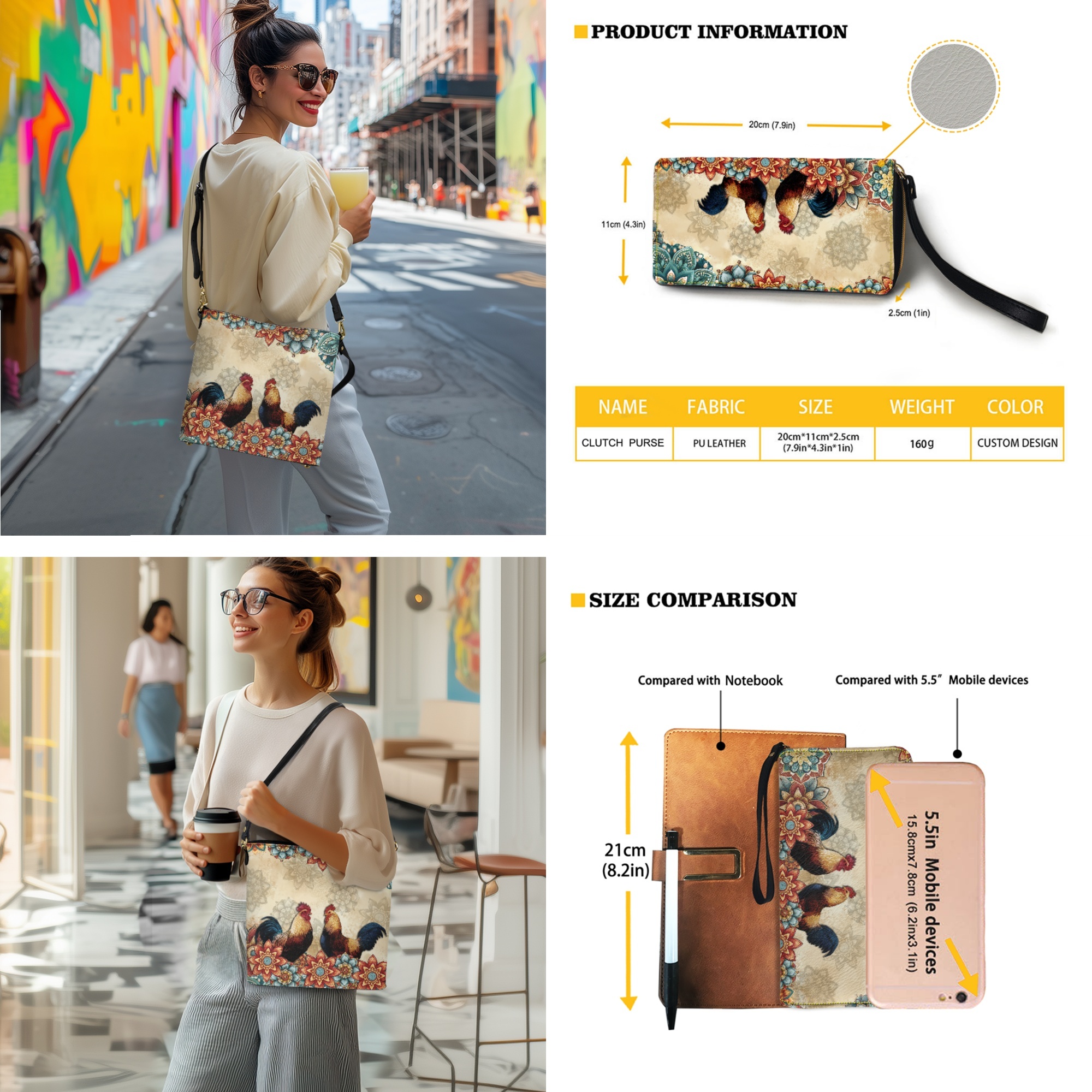 ZUXONGSY Boho Mandala Rooster Print Crossbody Handbag with Leather Wallet for Women Casual Leather Crossbody Handbag with Wrist Wallet Trendy 2 Pcs Bucket Purse Set for Workout