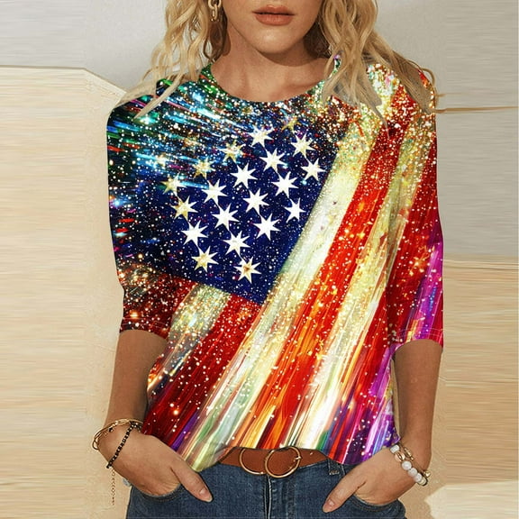Odbmxy Womens Tee Shirts 4th of July 3/4 Sleeve American Flag Womens Plus Size Tops Holiday Summer Red Patriotic Leisure Tops