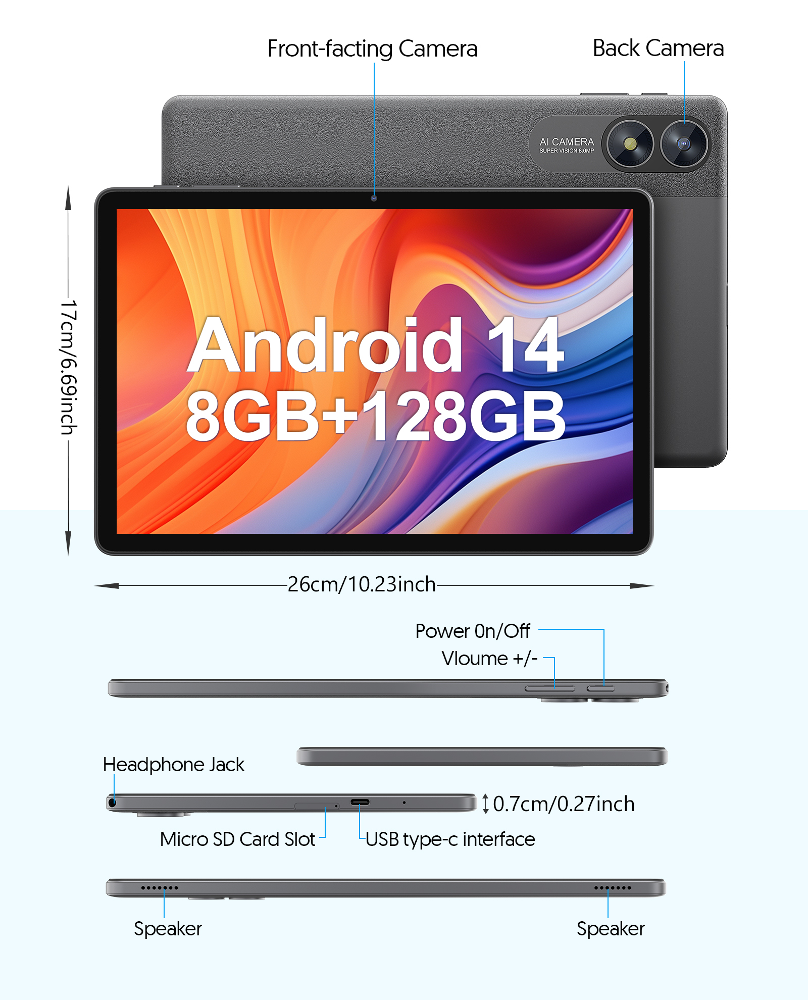 11 Inch Android 14 Tablet 2 in 1 Tablet, Qcta Core, 8GB RAM+128GB ROM+1TB Expand, 2+8MP Camera, 8000mAh Battery, 5G/2.4G WiFi, Bluetooth, Case (Gray)