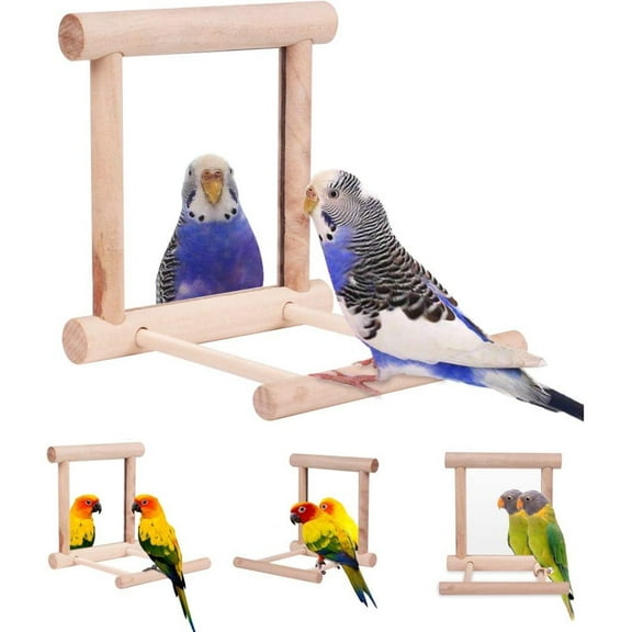Walbest Bird Toy for Parrot Parakeets Conures Cockatiels Cage Swing Wooden Stand Mirror Fun Play Toy for Birds