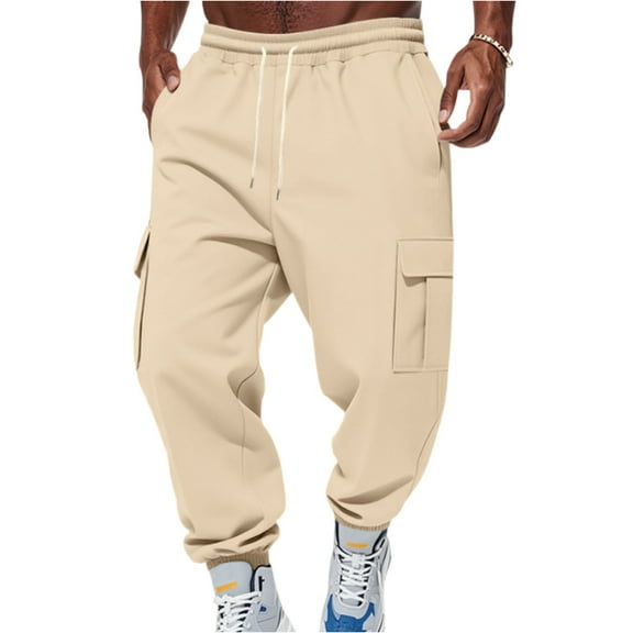 WTOBBY Men's Loose Fit Cargo Joggers Thickened Warm Pants with Pockets Casual Running Trousers for Outdoor Sports Men's Pants,Beige L