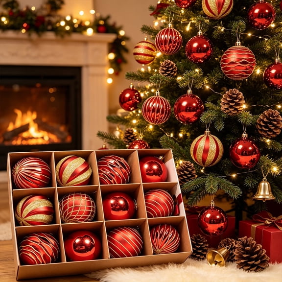 ShellKingdom 12 Pcs Christmas Ornaments Red Green White Shatterproof Christmas Tree Ornaments Traditional Hanging Ball Ornaments for Xmas Party Decor