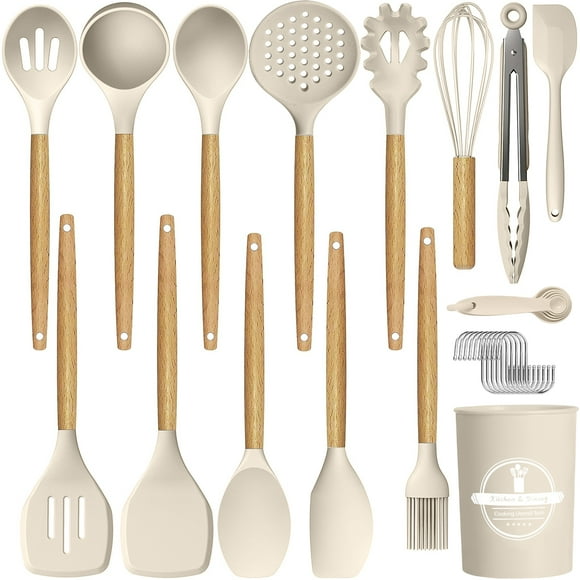 29 Pcs Silicone Kitchen Utensil Set, Cooking Utensils Set, Food Grade Silicone Spatula Set, BPA-Free, 446F Heat Resistant Kitchen Gadgets Tools Set with Wooden Handle for Non-Stick Cookware, Khaki
