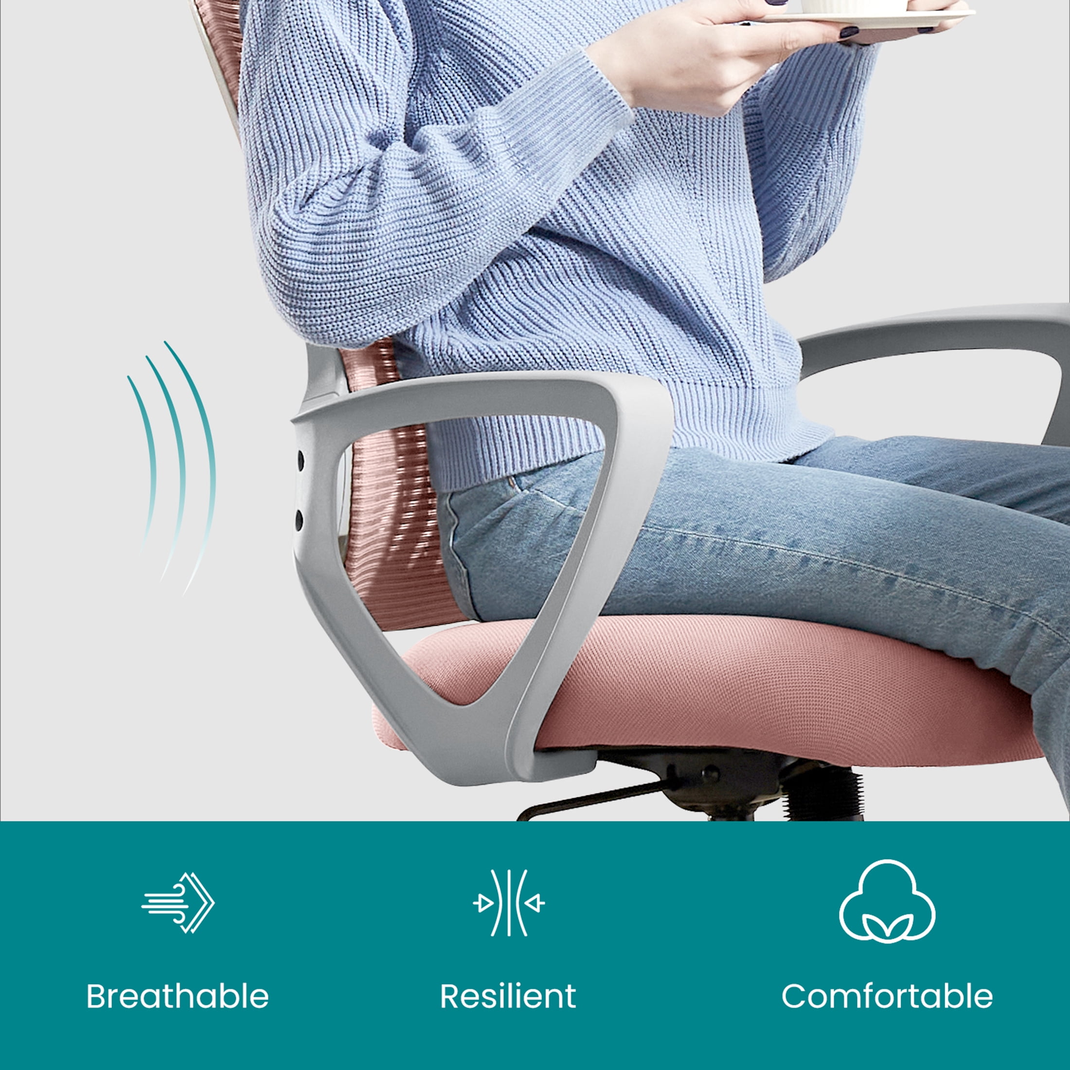 JOINSUN Office Mesh Chair, Ergonomic Mid-Back with Wheels, Lumbar Support, Armrests for Home, Pink