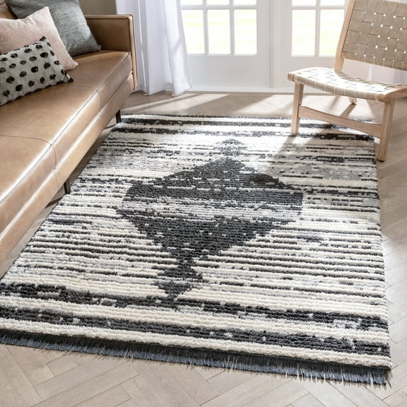 Well Woven Maya Sakari Tribal Diamond Pattern Striped Grey 5'3" x 7'3" Textured Pile Area Rug