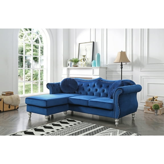 Navy Blue Sofa Chaise Sectional: Velvet Tufted Couch with Pillows - 81"x35"x34"
