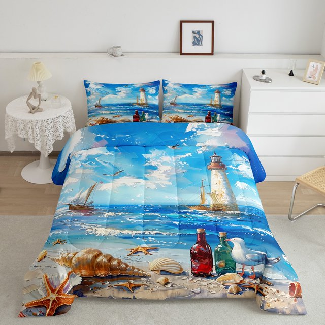 Erosebridal Ocean Sailboat Comforter Sets Twin Size, Starfish Seashell Comforters & Duvets, Lighthouse Decor, Ultra Soft 2pcs