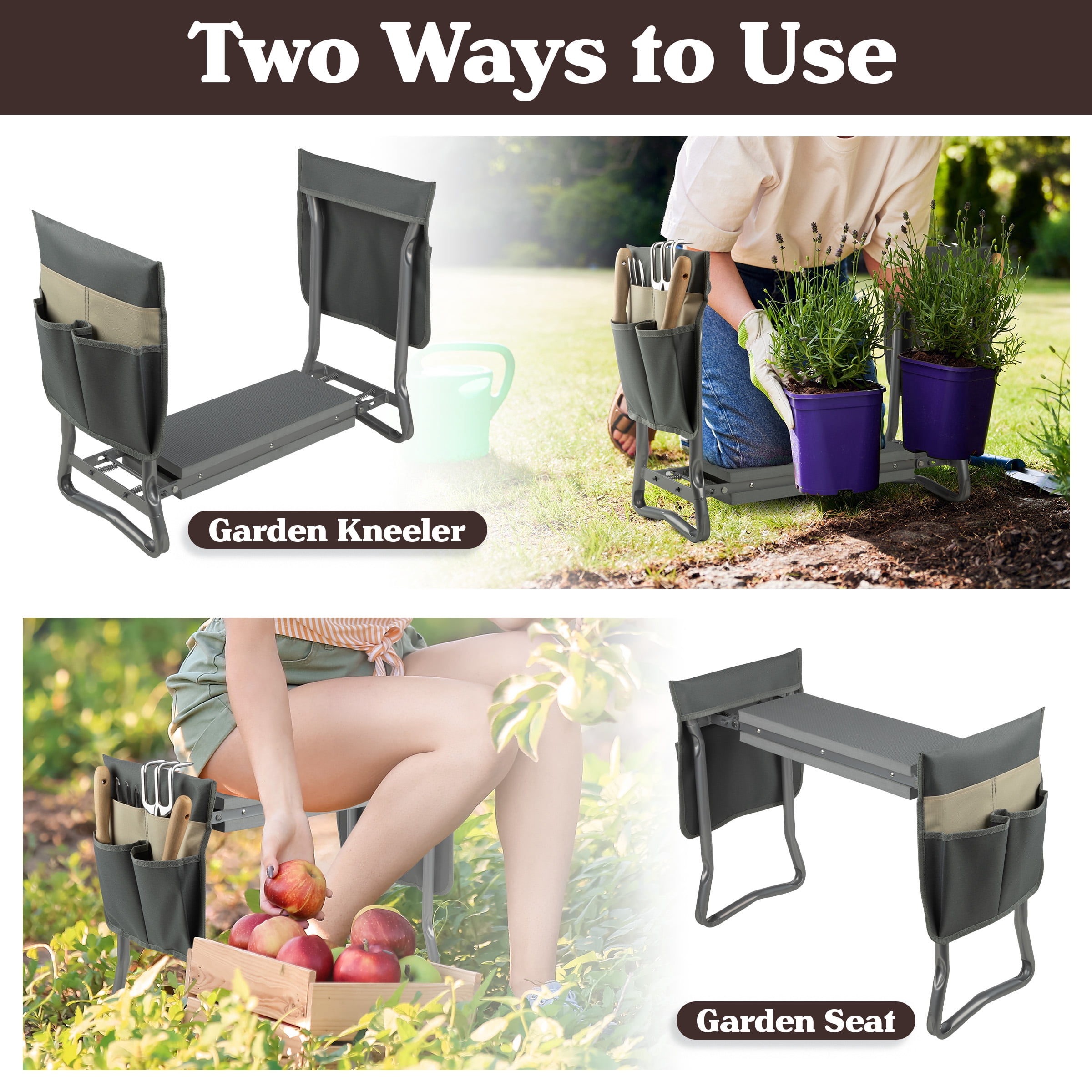 Pure Garden 2-in-1 Garden Kneeler & Stool – Folding Bench with EVA Pad & Tool Pouches, Gray/Tan