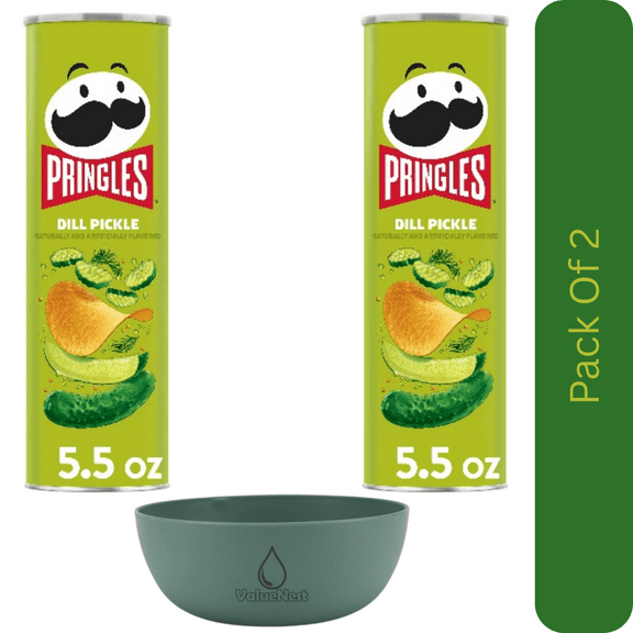 Pringles Dill Pickle Potato Crisps – 5.5 oz Canister, Crunchy Lunch Snacks With Olive Green Bowl By ValueNest