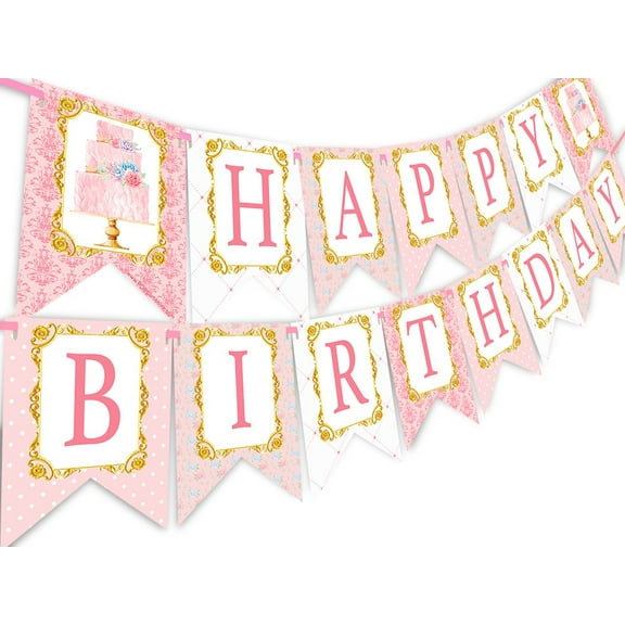 Tea Party Happy Birthday Banner Pennant - Cupcake Party Decorations - Tea Party Decorations