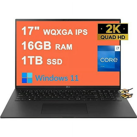 LG Gram 17 Business Lightweight Laptop 17" WQXGA 2560x1600 IPS (DCI-P3 99%) 13th Gen Intel 12-Core i7-1360P 16GB RAM 1TB SSD Backlit Thunderbolt4 USB4 Long Battery Life Win11 Black + HDMI Cable
