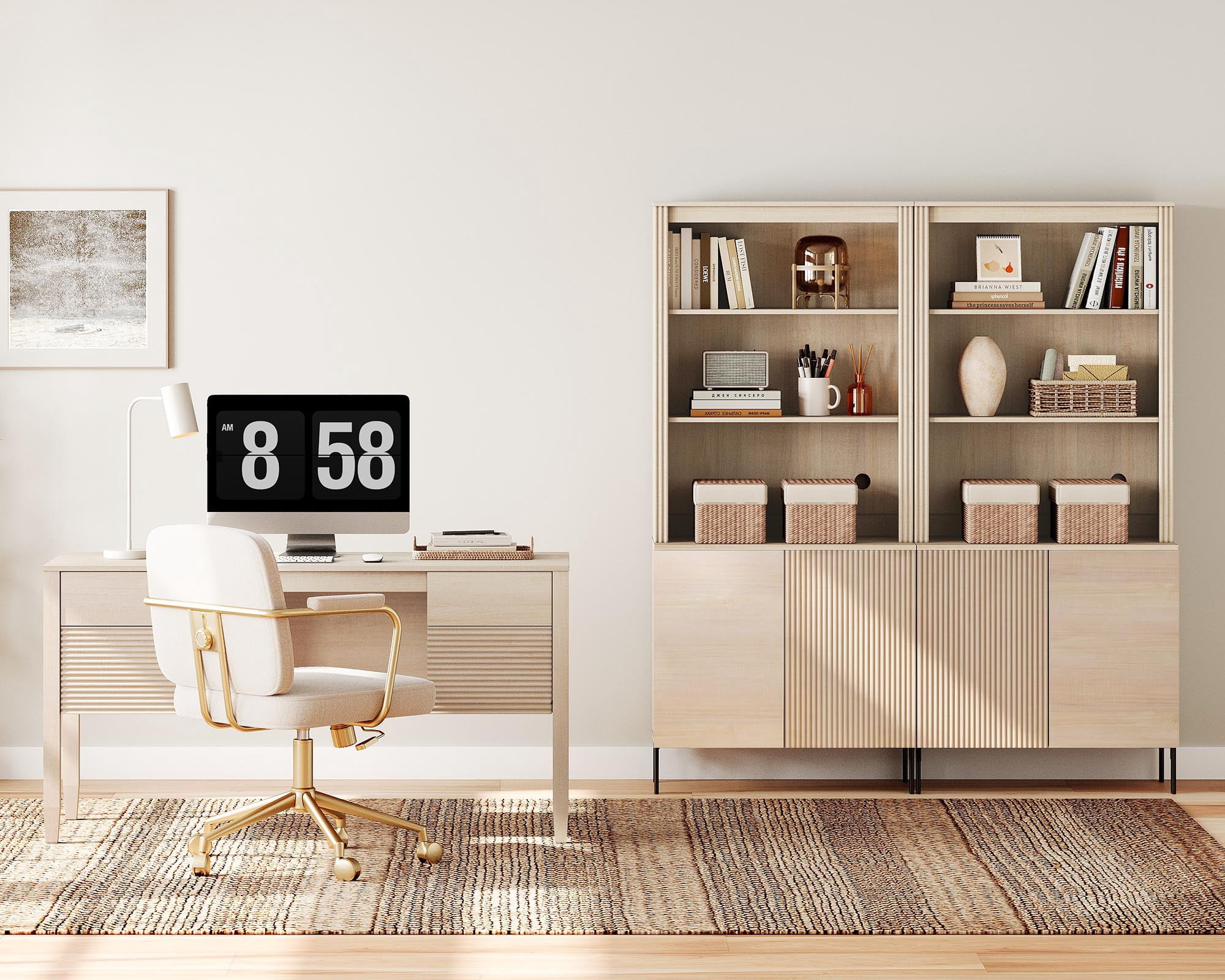 WAMPAT 3 Piece Living Room Furniture Set, 58 Inch Console Table with 2 71.5 Inch Tall Bookcases, Double Door Storage Cabinets, Adjustable Shelves, Modern Fluted Bookcase Set for Living Room