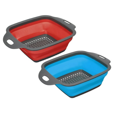 

Uxcell Collapsible Colander Set 2 Size Silicone Square Foldable Strainer for Pasta Vegetables Fruits - Blue Red Small