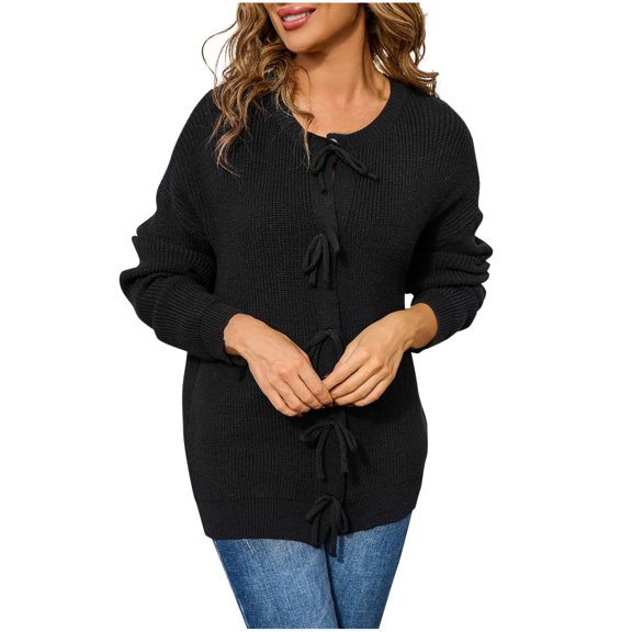 XPMWRP Women's Solid Color Tie Front Cardigan Sweaters Casual Bow Puff Long Sleeve Loose Ribbed Knit Trendy Sweater Tops Black S