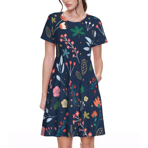 Easygdp Colorful Flowers para Vestido Transpirable de Mujer, Vestido Suelto de Manga Corta con Pliegues y Bolsillos para el Verano