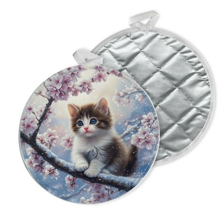 

2 PCS Pot Holders for Kitchen Potholders Sets with Hook for Oven Cooking Baking Beautiful Cat Sits On The Cherry Blossom Tree