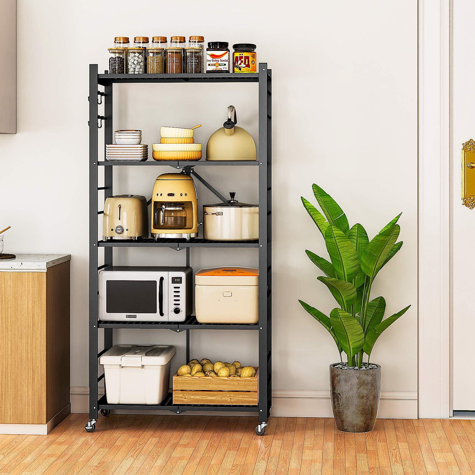 Vebreda 5-Tier Heavy Duty Foldable Metal Storage Shelf with 3 Hooks, Kitchen Organizer Rack, Black