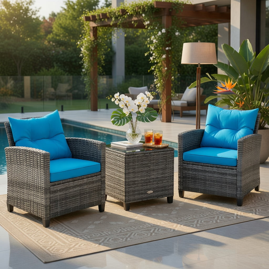 Hommoo 3-Piece Outdoor Wicker Conversation Set, Tempered Glass Coffee Table & 2 Armchairs with Removable Cushions, PE Rattan & Steel Frame, Turquoise