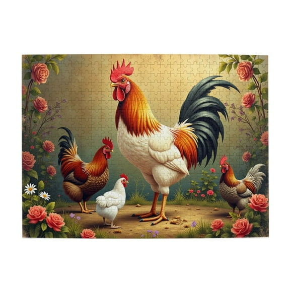 500 Piece Rooster Family Jigsaw Puzzle For Adults – Garden Farm Animals Chickens Colorful Illustration Challenging & Fun Activity Home Decor Great Gift Idea 20.5X15In